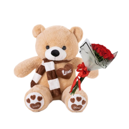 Large Teddy Bear & wrapped Flower Bouquet
