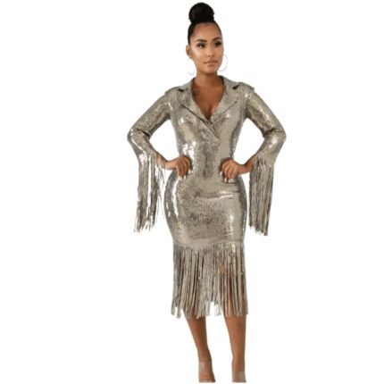 Gold Sequin Dress with Tassel Sleeves